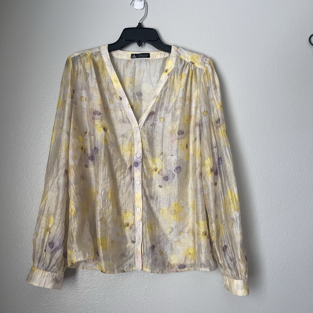 Anewsta SHEIN Women's Large Flower Sheer Print Blouse Top Flower Yellow